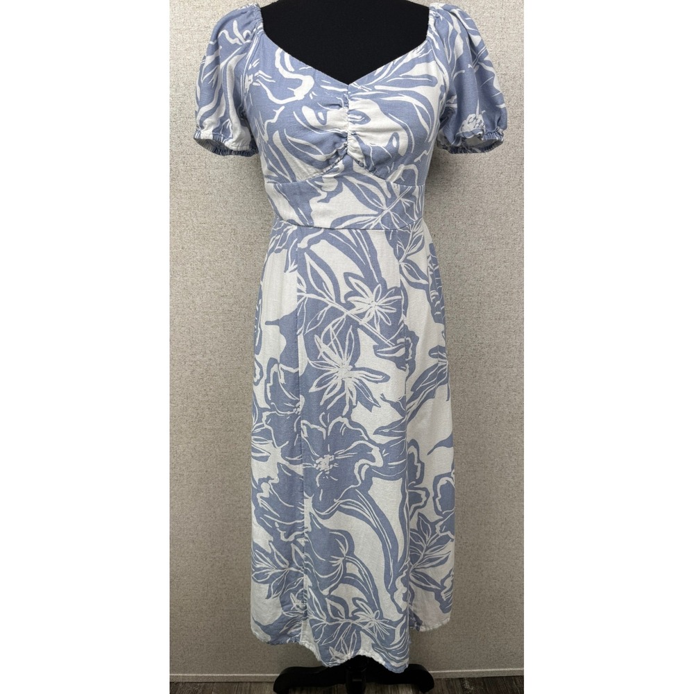 Jessica‎ Simpson Blue White Tropical Floral Puff Sleeve Smocked Midi Dress S